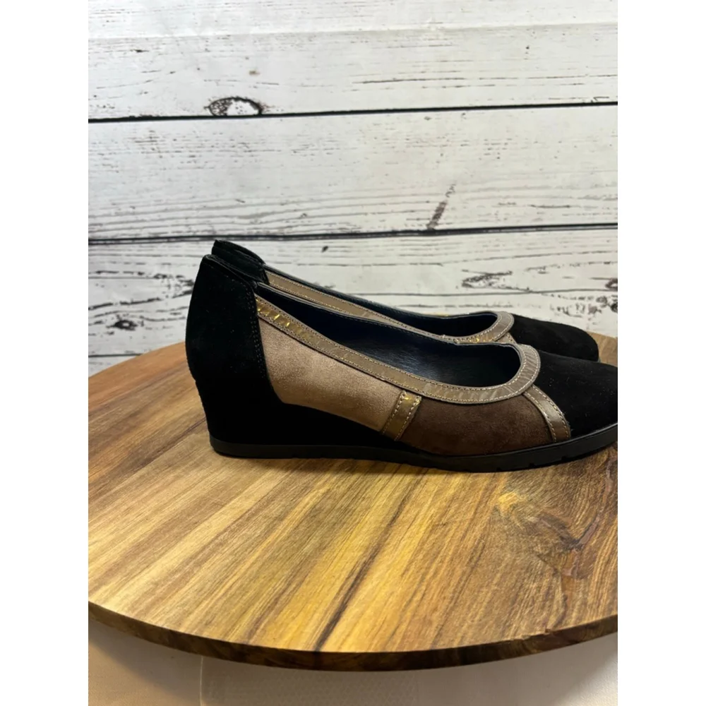 Women's Sabrinas Black Beige Suede Wedge Shoes Size 7.5